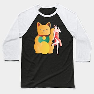 Fortune Cat & Beauty in Red Cheongsam Baseball T-Shirt